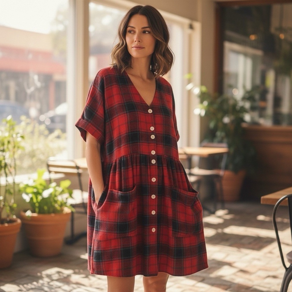 Show Me‎ Your Mumu Women's XS Red Plaid Baby Doll Dress Tunic